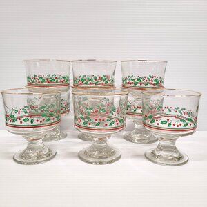 Set of 9 Christmas Holly Berry Pedestal Glass Dessert Juice Sherbet Gold Rim